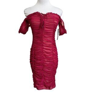 NWT LULUS ALTO RASPBERRY PINK RUCHED MESH FRILLY MINI BODYCON COCKTAIL DRESS